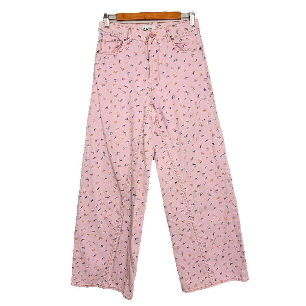 Ganni Pink Floral Wide Leg Jeans